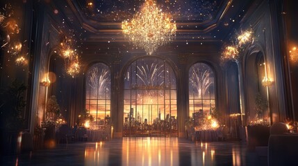 Fototapeta premium Elegant ballroom interior with stunning chandelier, golden accents, and fireworks display behind large windows, ideal for festive celebrations and special events at night