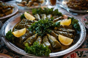 A platter of stuffed grape leaves garnished with lemon and herbs.