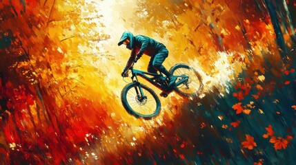 Dynamic Mountain Biker Soaring Through Vibrant Autumn Forest with Sunlit Foliage