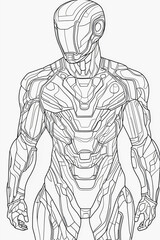 Obraz premium Futuristic robot illustration in black and white, hand drawn line art of a mechanical android with armor, perfect for coloring books, sci fi designs, and anti stress creative activities