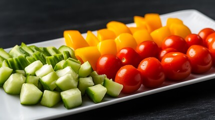 A healthy snack platter with low-carb vegetables, such as bell peppers, cherry tomatoes, and avocado, served on a white plate 