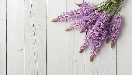 Rustic White Wood Background with Purple Flowers