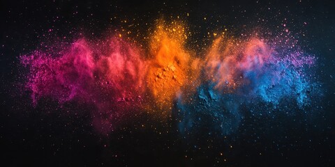 Obraz premium Holi powders in vibrant hues of pink, blue, and orange arranged symmetrically on a dark background with fine powder scatter, text-friendly area.