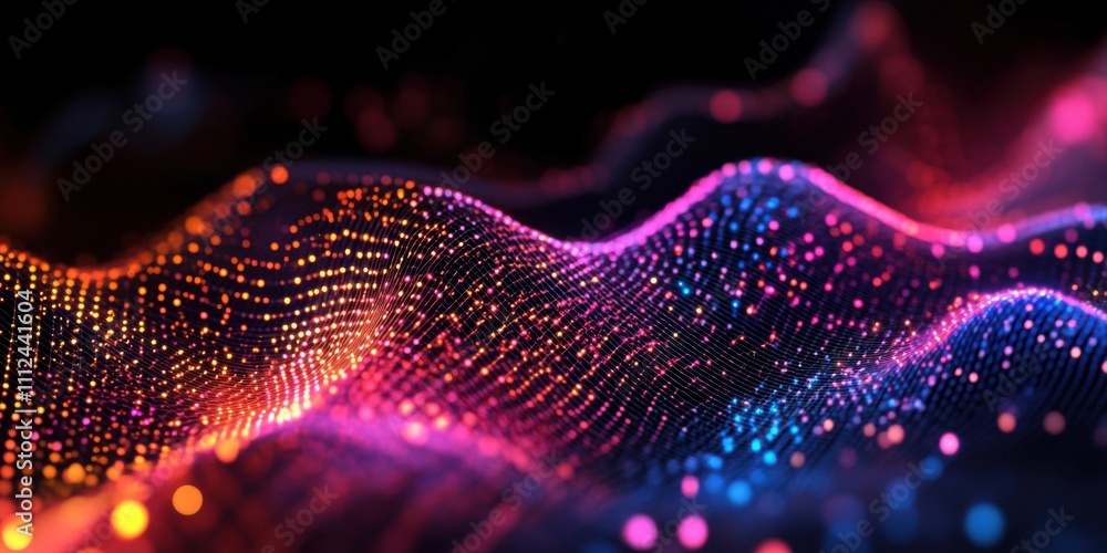 Poster abstract colorful data waves digital art: vibrant neon particle flow visualization