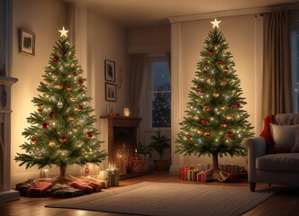 Christmas Eve tree with lights and ornaments in a cozy living room , snug, twinkling