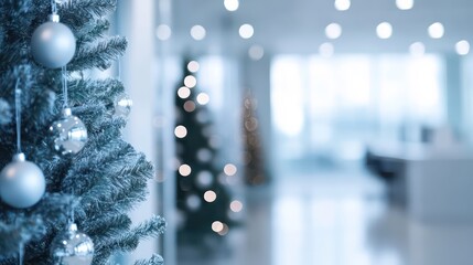 Merry Christmas blurred background, white interior with Christmas trees and lights. Copy space