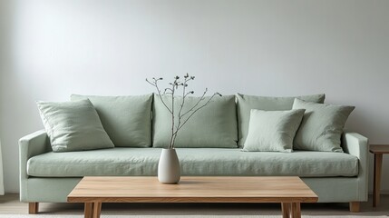 Minimalist living room with a pastel green sofa featuring a simple plant vase on a wooden coffee table