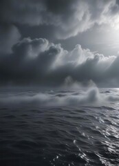 Obraz premium Dense fog bank rolling across a vast expanse of dark water, misty landscape, nature scene