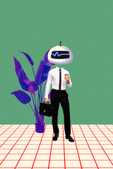 Vertical poster collage young man entrepreneur agent formalwear businessman lamp idea success drink...