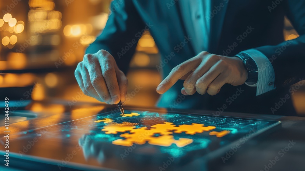 Poster professional hands assembling a puzzle on digital screen in modern office setting with warm ambient 