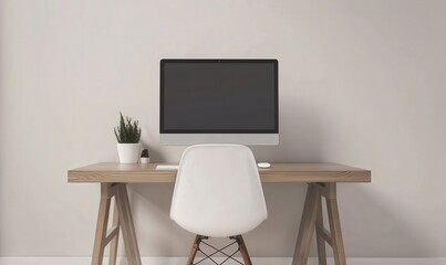 Minimalist home office workspace with a wooden desk. white chair. and a computer with a blank screen