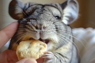 Obraz premium A chinchilla happily munching on a cookie held by a person's hand.