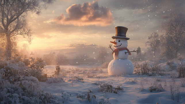 Bałwan z eleganckim kapeluszem zdobi zaśnieżoną scenerię, wśr&oacute;d drzew i pod szarym, zimowym niebem.