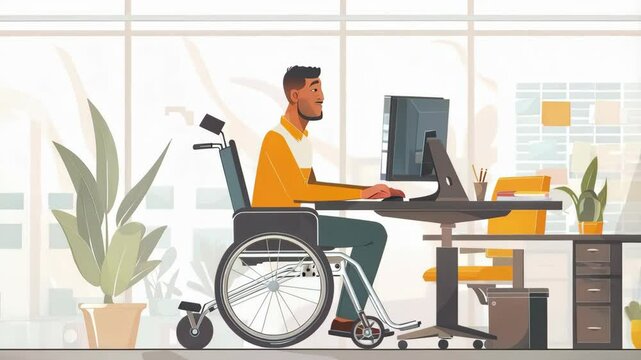 Disabled person in the wheelchair works in the office at the computer. Flat design, minimal style illustrated animation