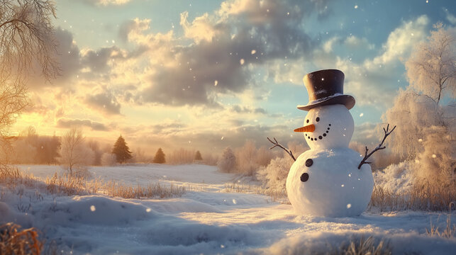 Bałwan z eleganckim kapeluszem zdobi zaśnieżoną scenerię, wśr&oacute;d drzew i pod szarym, zimowym niebem.