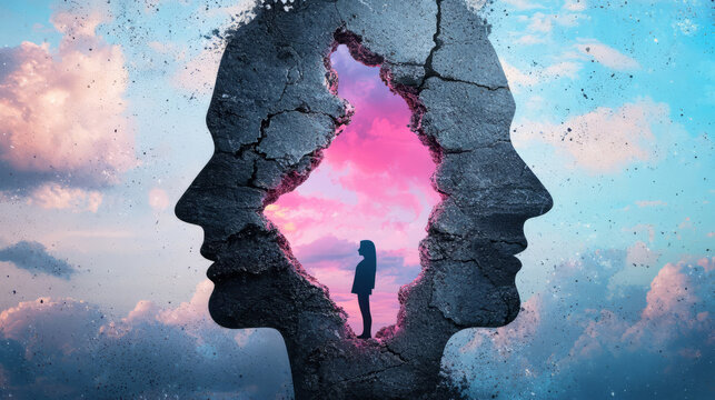 Abstract art illustrating hope with two faces and figure in between