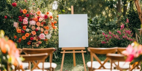 Rustic outdoor wedding scene with a blank canvas on an easel, surrounded by vibrant flowers and wooden chairs.