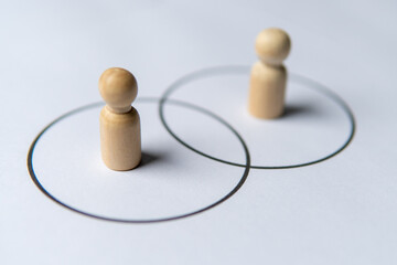 Two wooden figures standing in separate circles overlaps with each other. Consensus and agreement...