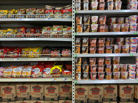 Various instant noodle brands at Indonesia, displayed on supermarket shelf, in November 11th 2023 on Semarang, Indonesia