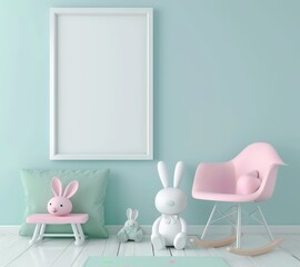 A pastel blue wall with a white frame. a pink chair. a green pillow. and three bunny toys