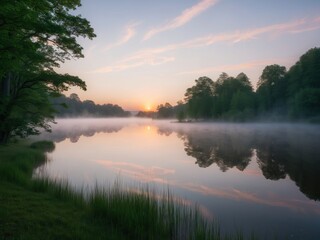 Fototapeta premium A serene and peaceful nature landscape with a calm river flowing through lush greenery
