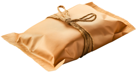 Small gift box wrapped in brown paper and tied with a silk ribbon, isolated on a white background, perfect for celebrations, holidays, and festive occasions like birthdays or weddings