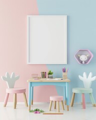 A pastel pink and blue children s room with a white frame. table. chairs. and a shelf