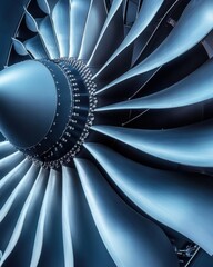 Close-up of a jet engine turbine showcasing its intricate design.