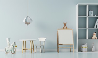 A minimalist and stylish nursery with a white table and chairs. an easel. and a bookshelf