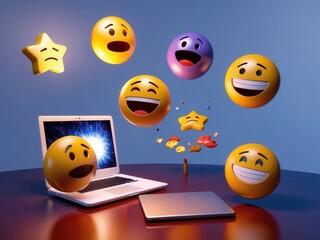 Obraz premium Emojis floating in the air near a laptop, symbolizing various emotions and digital communication