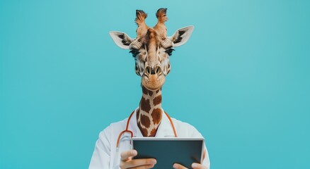 Giraffe wearing white coat and stethoscope using digital tablet on blue background