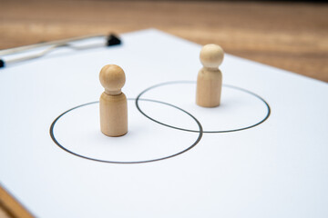 Two wooden figures standing in separate circles overlaps with each other. Consensus and agreement...