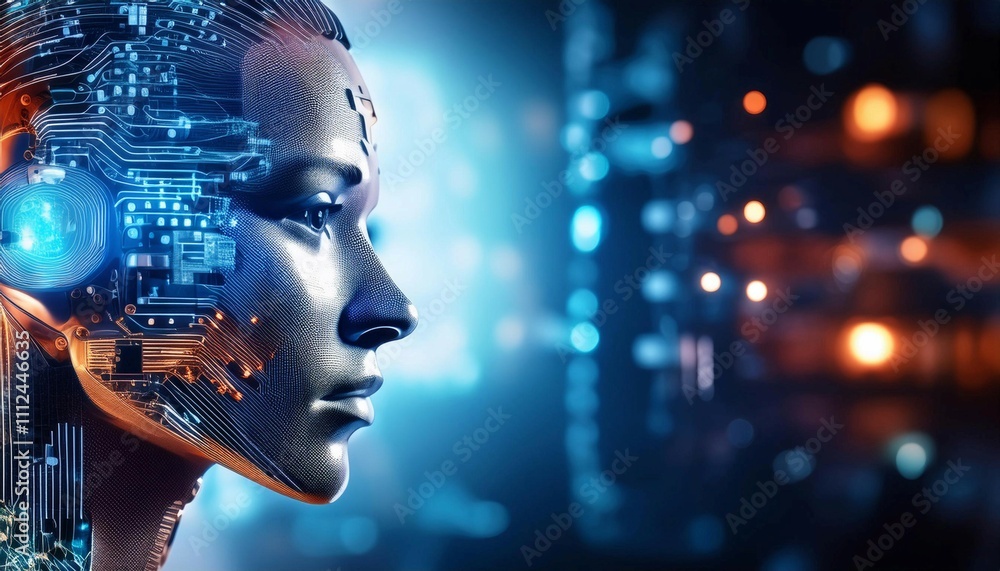 Poster artificial intelligence robot with circuitry, symbolizing technology, innovation, and future.