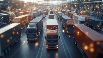 A photorealistic logistics yard with holographic overlays of growth charts floating above trucks and shipping containers, Realism, Cool tones, Subtle textures