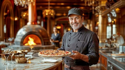 Chef presenting freshly baked pizza in elegant restaurant setting with wood-fired oven