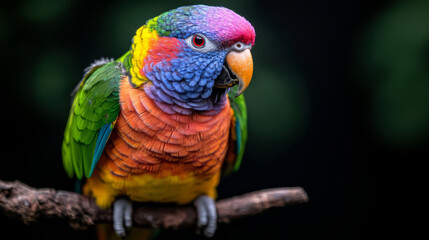Naklejka premium Vibrant close up of colorful parrot perched on branch, showcasing its stunning feathers