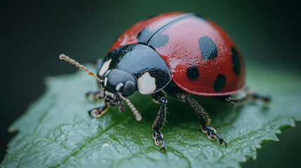 Fototapeta premium Stunning close up of ladybug on green leaf, showcasing its vibrant colors