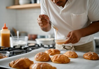 Male chef glazes freshly baked croissants in modern kitchen