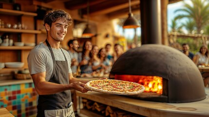 Young chef presenting freshly baked pizza in outdoor oven with happy diners
