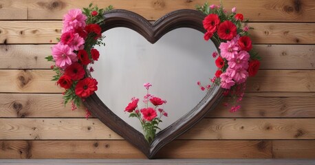 Fototapeta premium A Heart-Shaped Mirror on a Wooden Wall with Red and Pink Flowers, heart-shaped mirror, beautiful