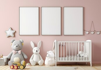 Three blank frames above a crib and stuffed animals in a pink nursery