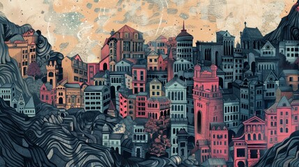 A vibrant illustration of a stylized cityscape with intricate buildings.