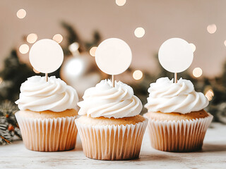 Festive Vanilla Cupcake Mockup with Blank Toppers, Warm Bokeh Lights, and Soft Frosting – Perfect for Holiday Celebrations and Custom Desserts