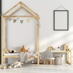 Cozy and minimalist nursery room with wooden bed. toys. and a desk with a chair