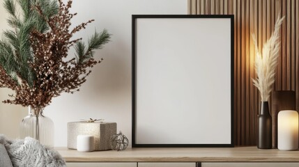 A simple and elegant Christmas arrangement featuring a blank frame on a shelf, lush greenery, and cozy textiles, perfect for a personalized touch.