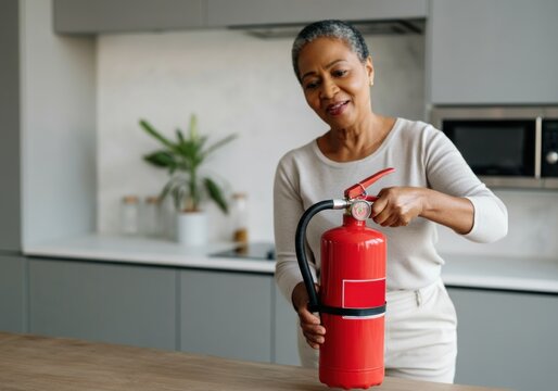 Mature African woman learning to use red fire extinguisher in modern kitchen