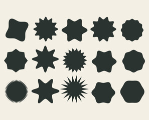 Set of black price Circle sticker, sale or discount sticker, sunburst badges icon. Stars shape with different number of rays. Special offer price tag. Black starburst promotional badge set, shopping l