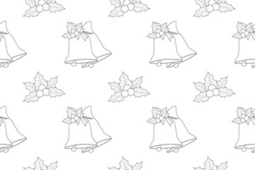 Black and white seamless pattern with Christmas bells and holly leaves, perfect for coloring pages or holiday designs.