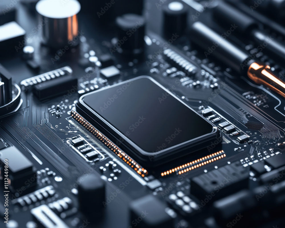 Fototapete close-up of a modern computer motherboard featuring a sleek, black microprocessor and intricate circ