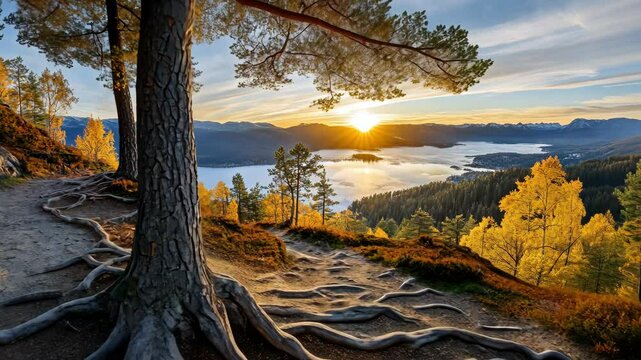 Sunset over a serene lake with autumn foliage and tree roots in the foreground